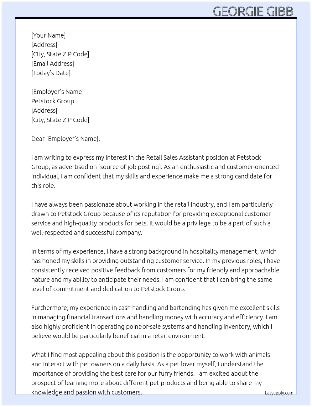 Retail sales assistant At Pet stock Cover Letter