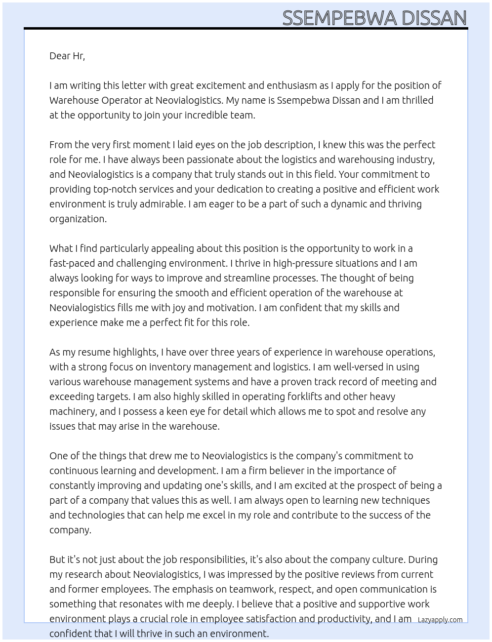 Warehouse operator At Neovialogistics Cover Letter