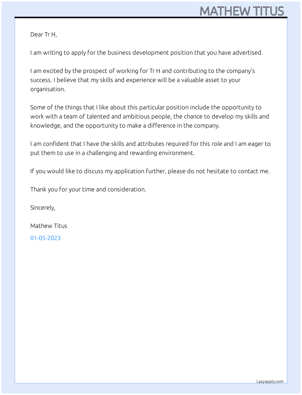 business Devep  At Tr H Cover Letter