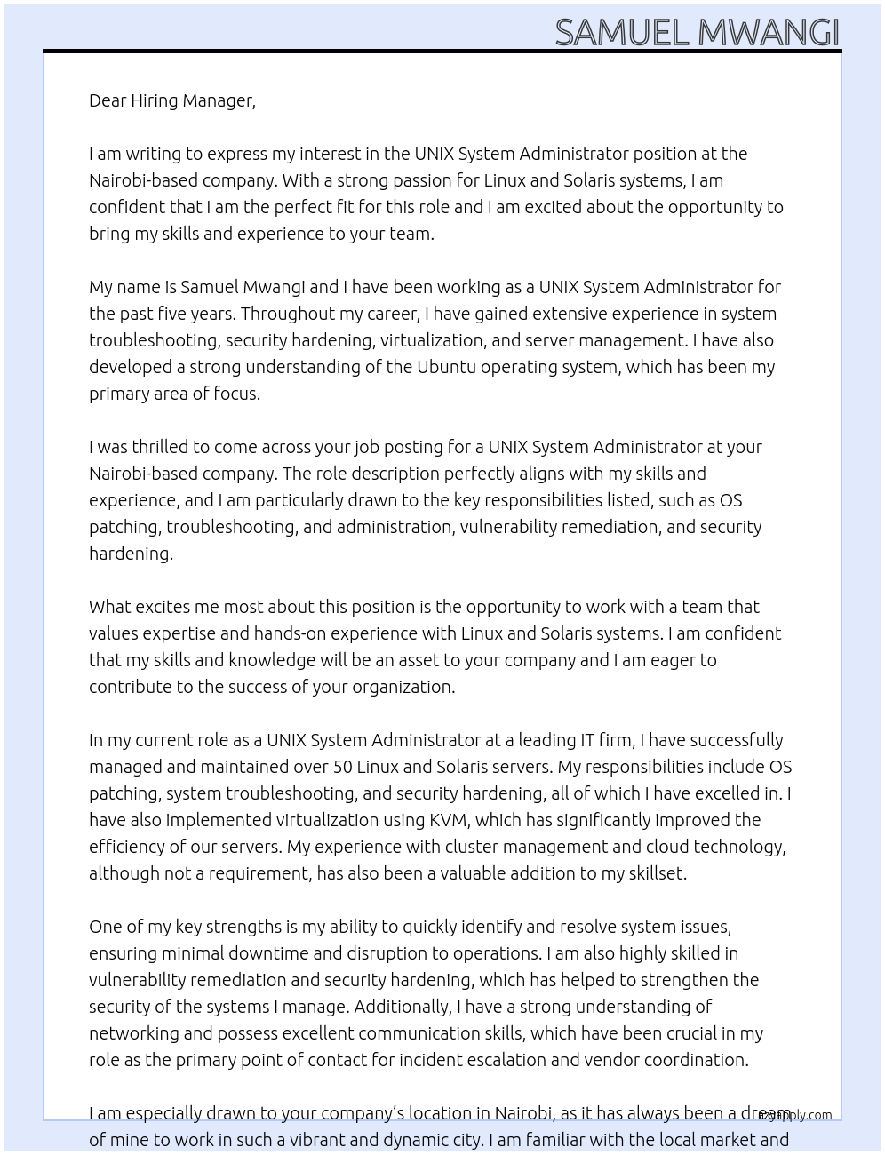 Cover letter for unix system administrator - LazyApply