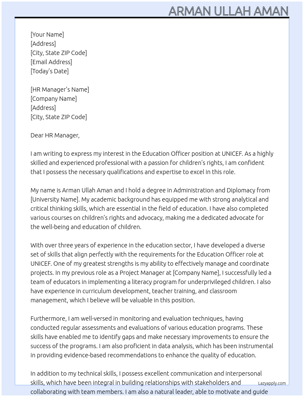 Education Officer At UNICEF Cover Letter