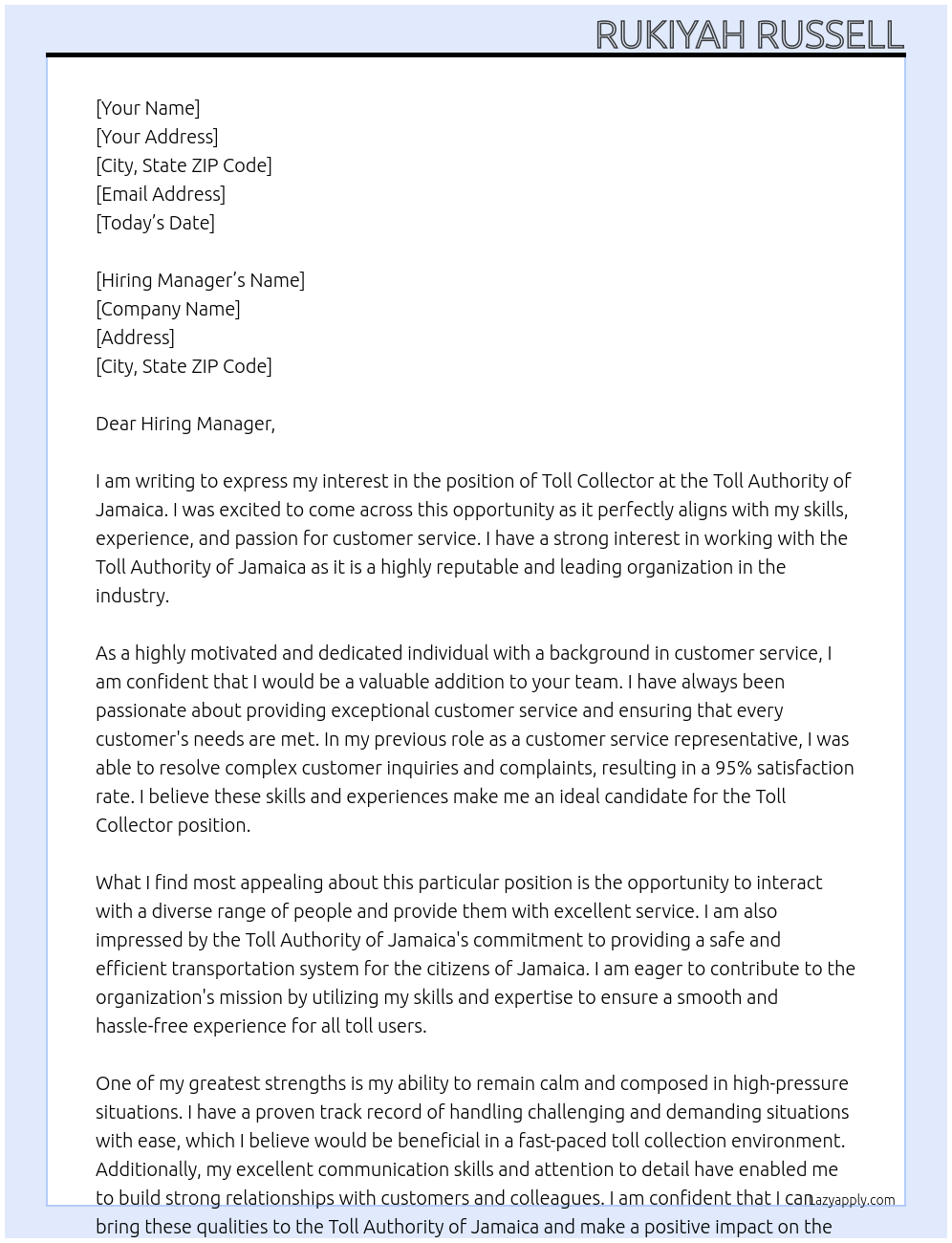 Toll Collector At Toll Authority of Jamaica Cover Letter