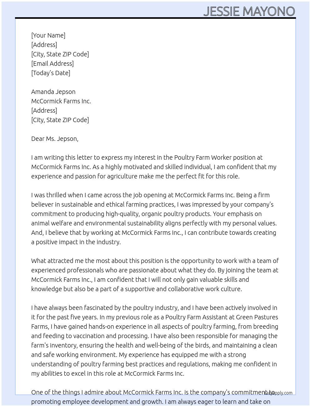 Poultry Farm Worker At McCormick Farms Inc. Cover Letter