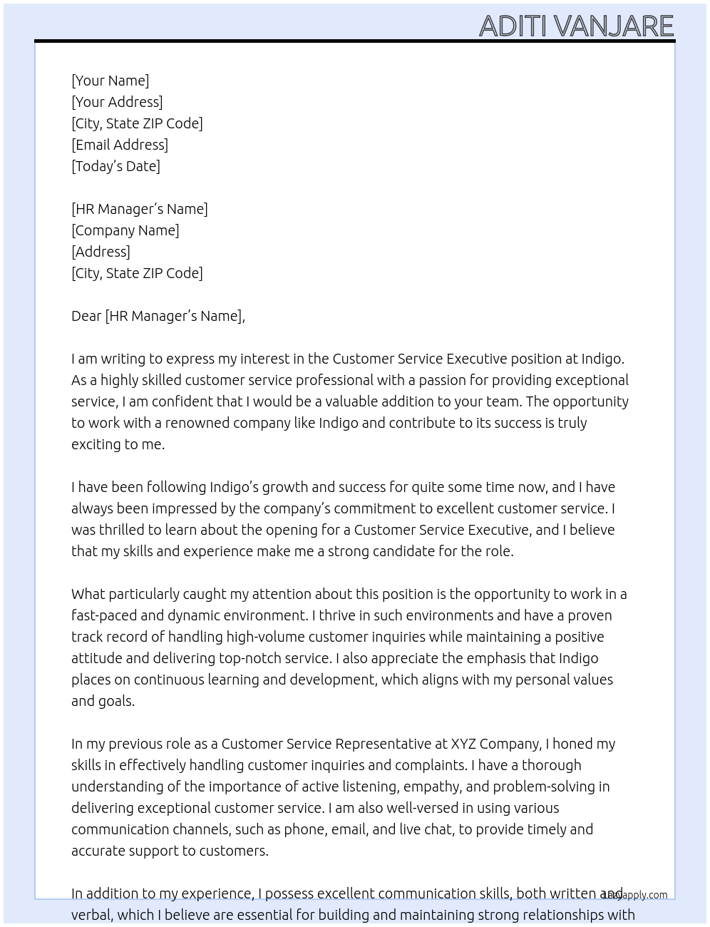 Customer service executive At Indigo Cover Letter