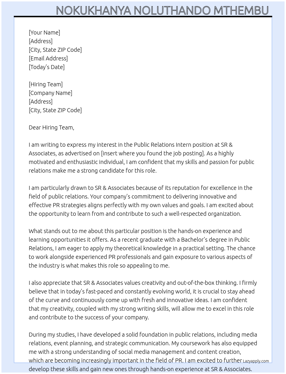 Public Relations Intern At SR & Associates Cover Letter