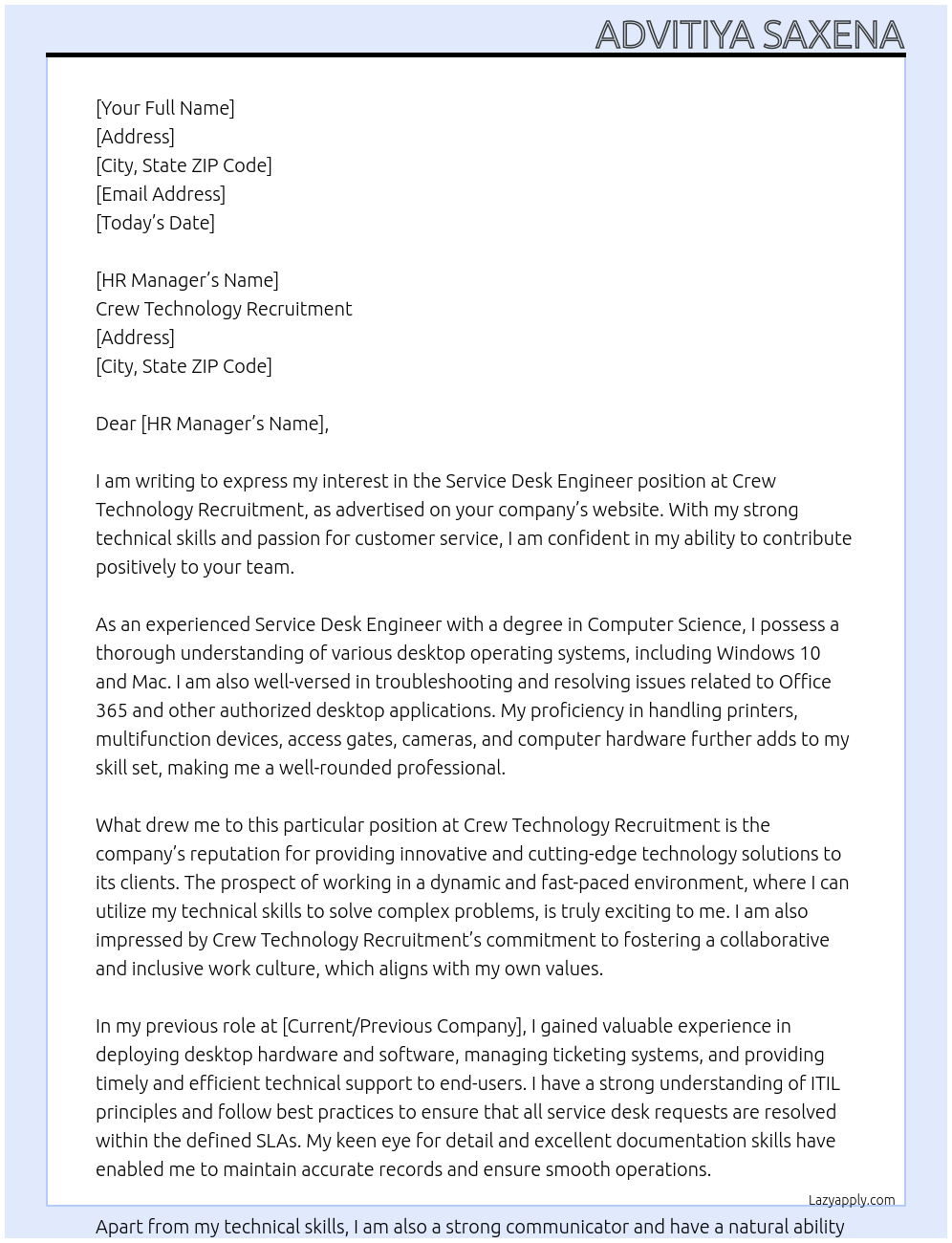 Service Desk Engineer At Crew Technology Recruitment Cover Letter
