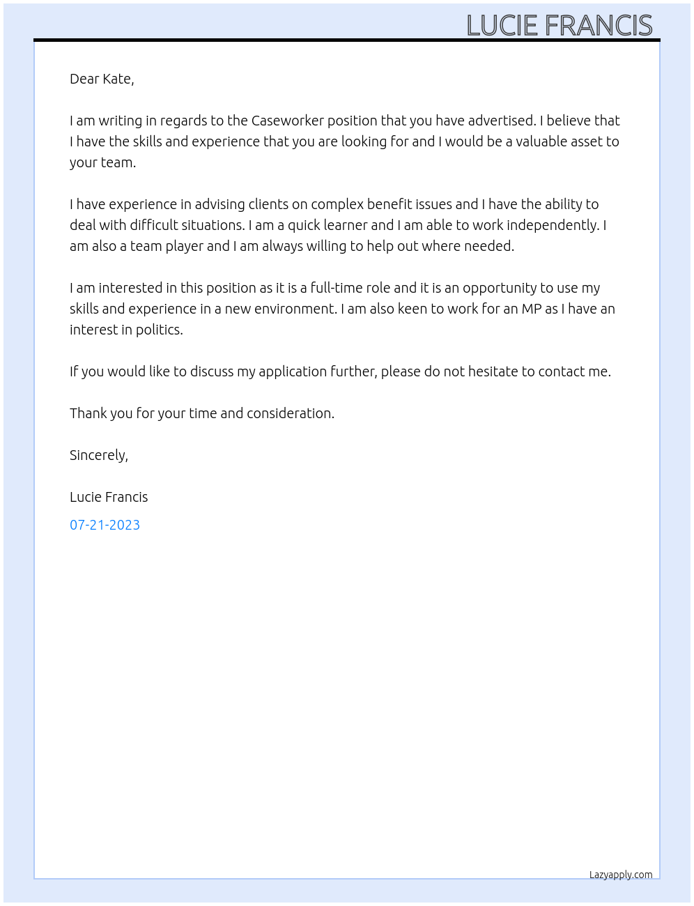 Caseworker At Kate osbourne mps office Cover Letter