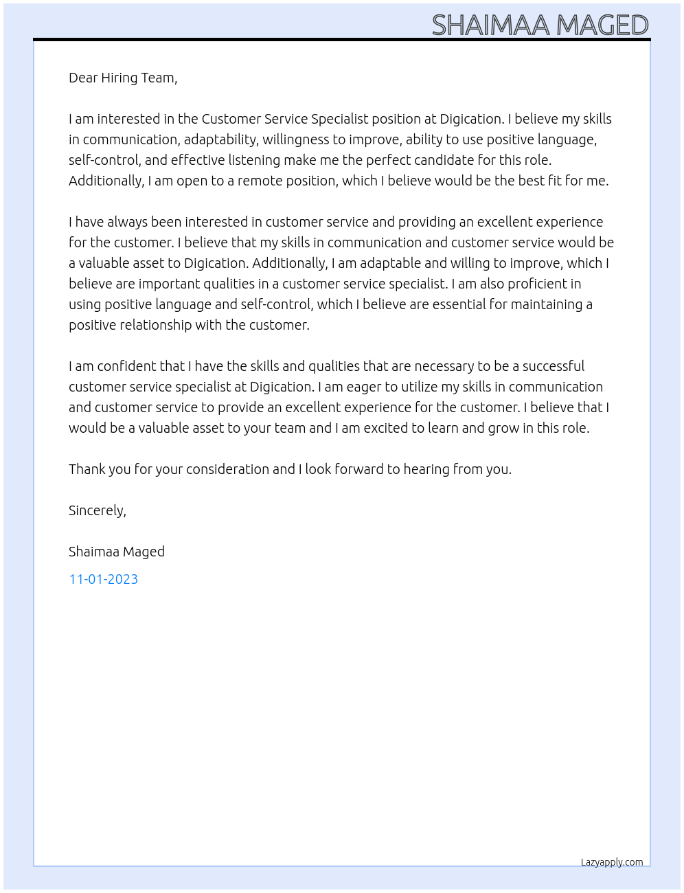 Customer Service Specialist At Digication Cover Letter