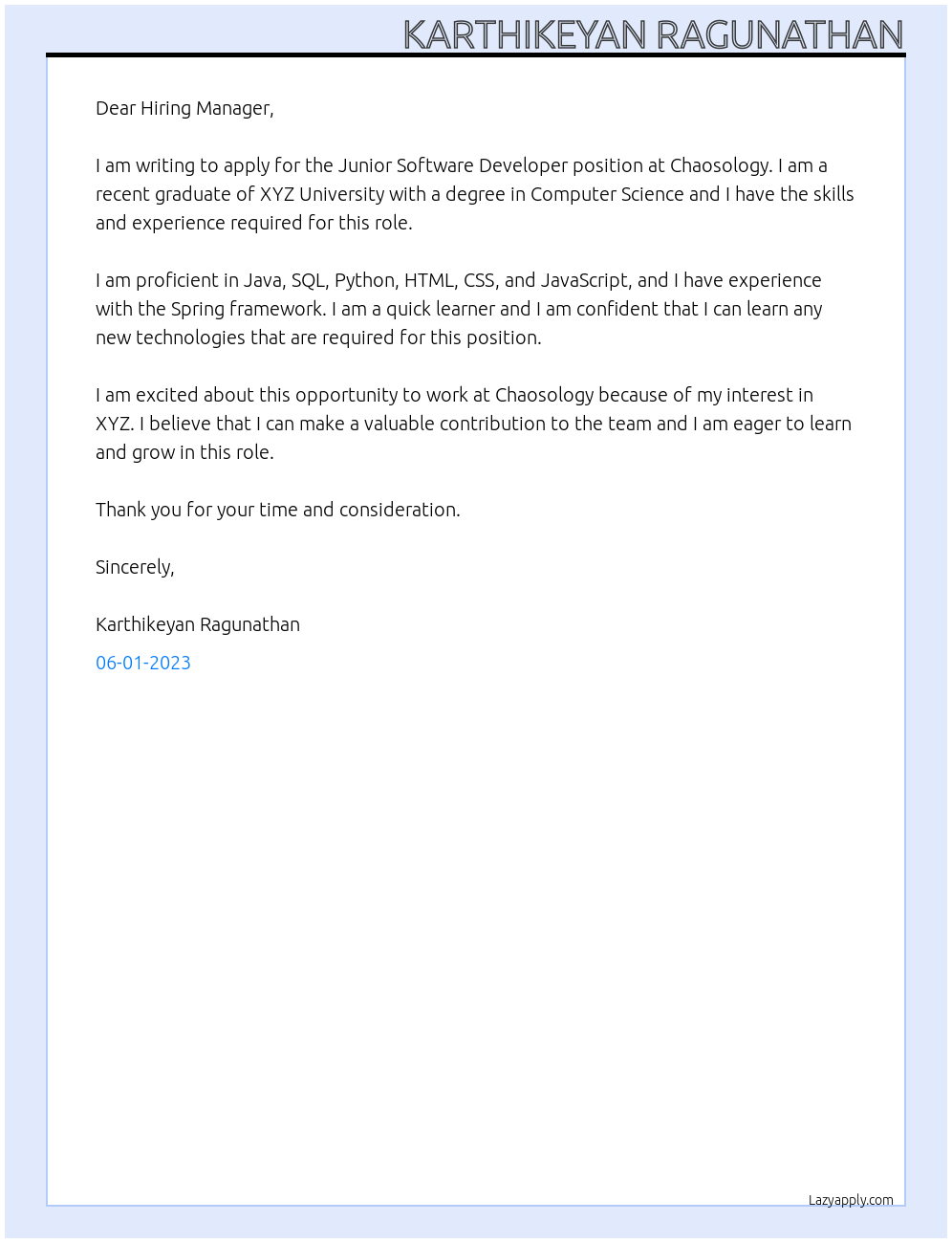 Junior software developer At Chaosology Cover Letter