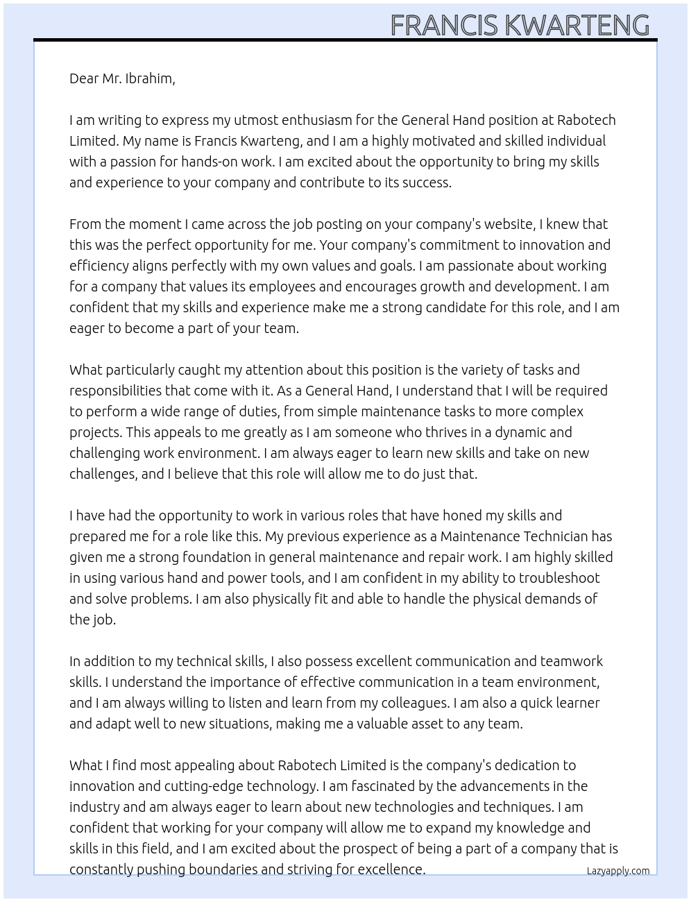 General hand At Rabotech limited Cover Letter