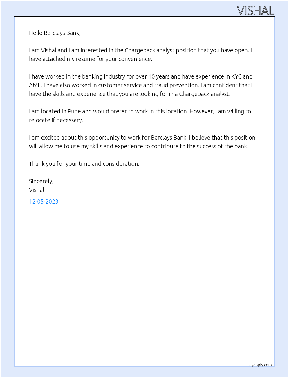 Chargeback analyst At Barclays Bank Cover Letter