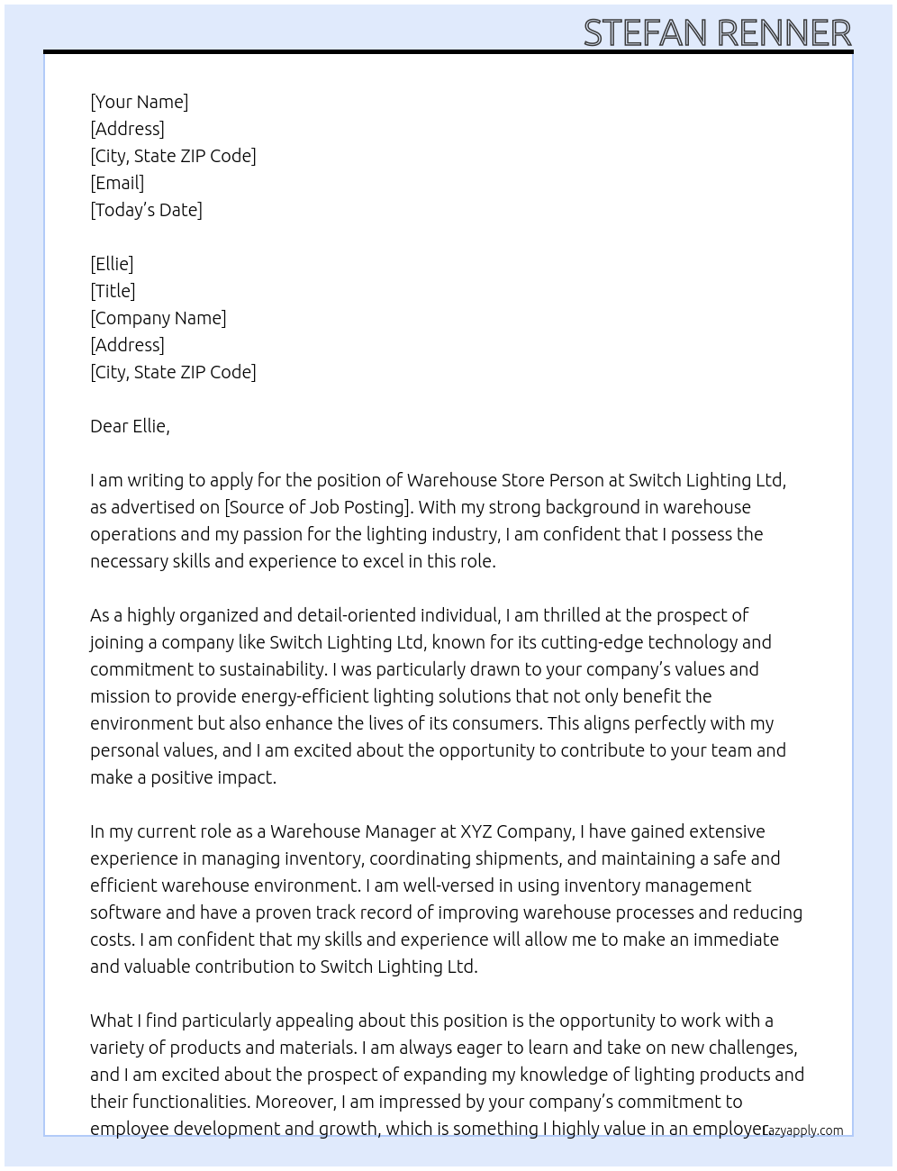 Warehouse Store Person At Switch Lighting Ltd Cover Letter