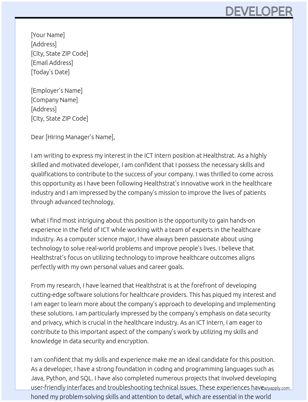 ICT Intern At healthstrat Cover Letter