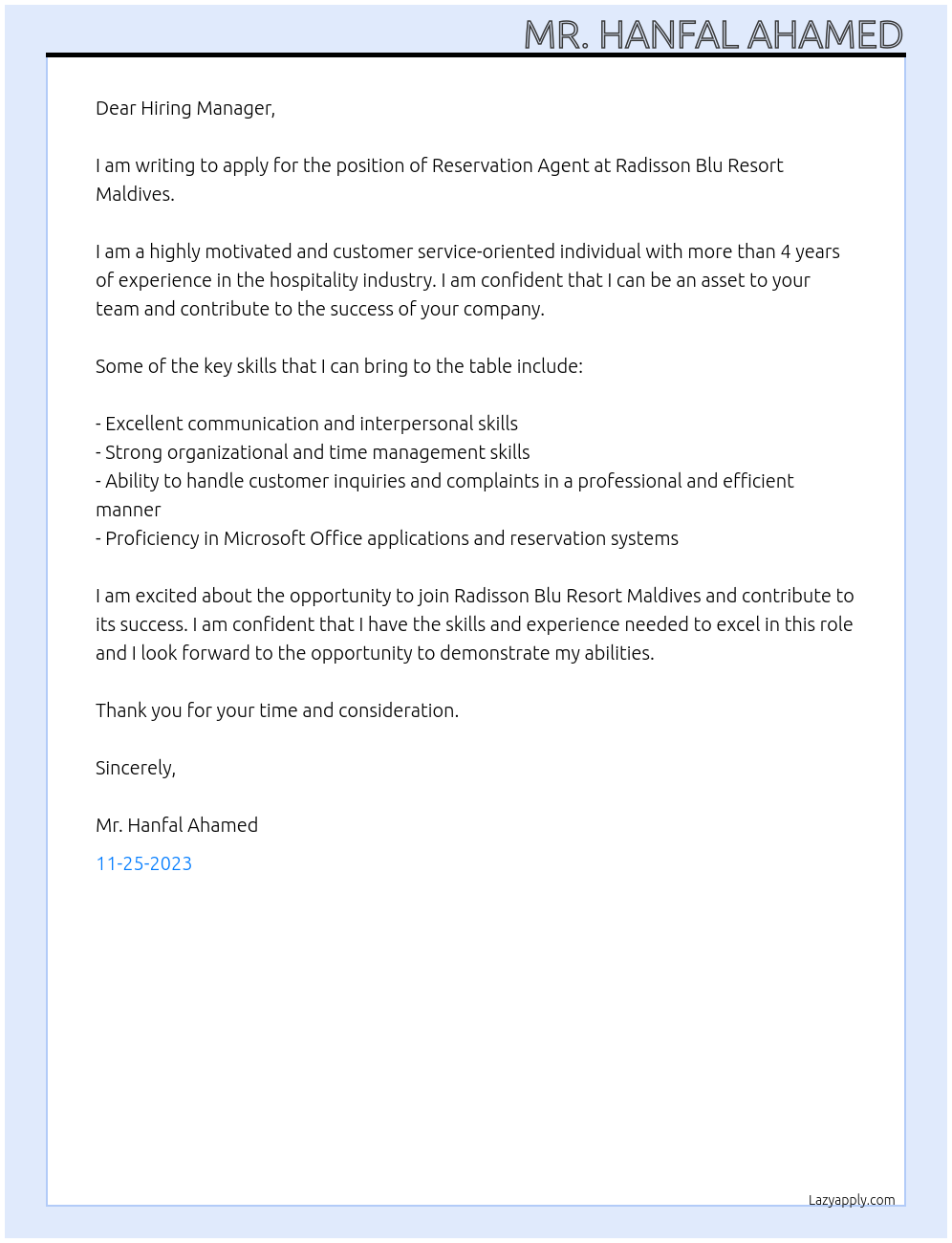 Reservation Agent At Radisson Blu Resort Maldives Cover Letter