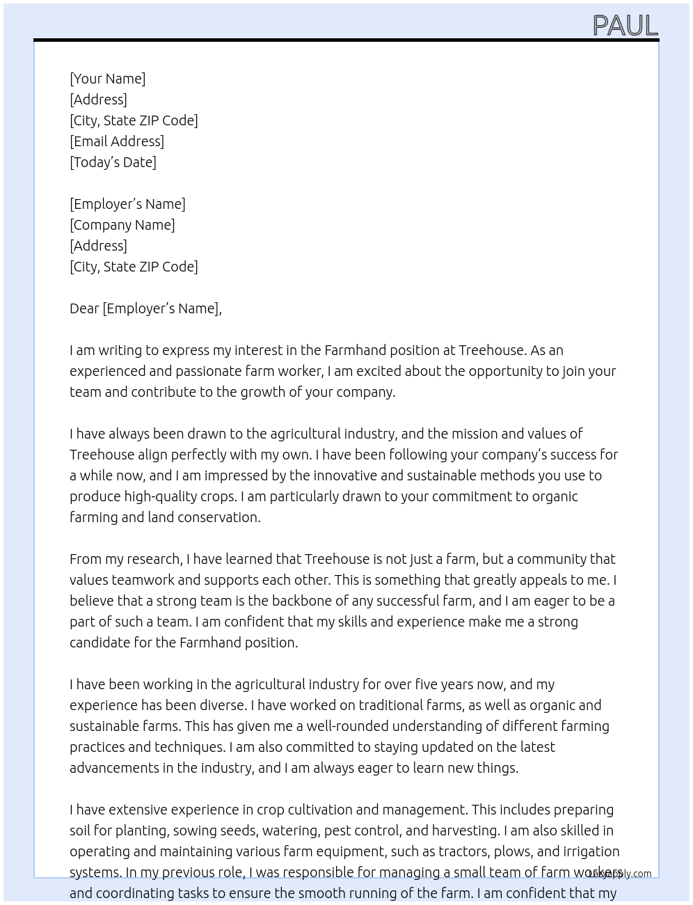 Farmhand At Treehouse Cover Letter
