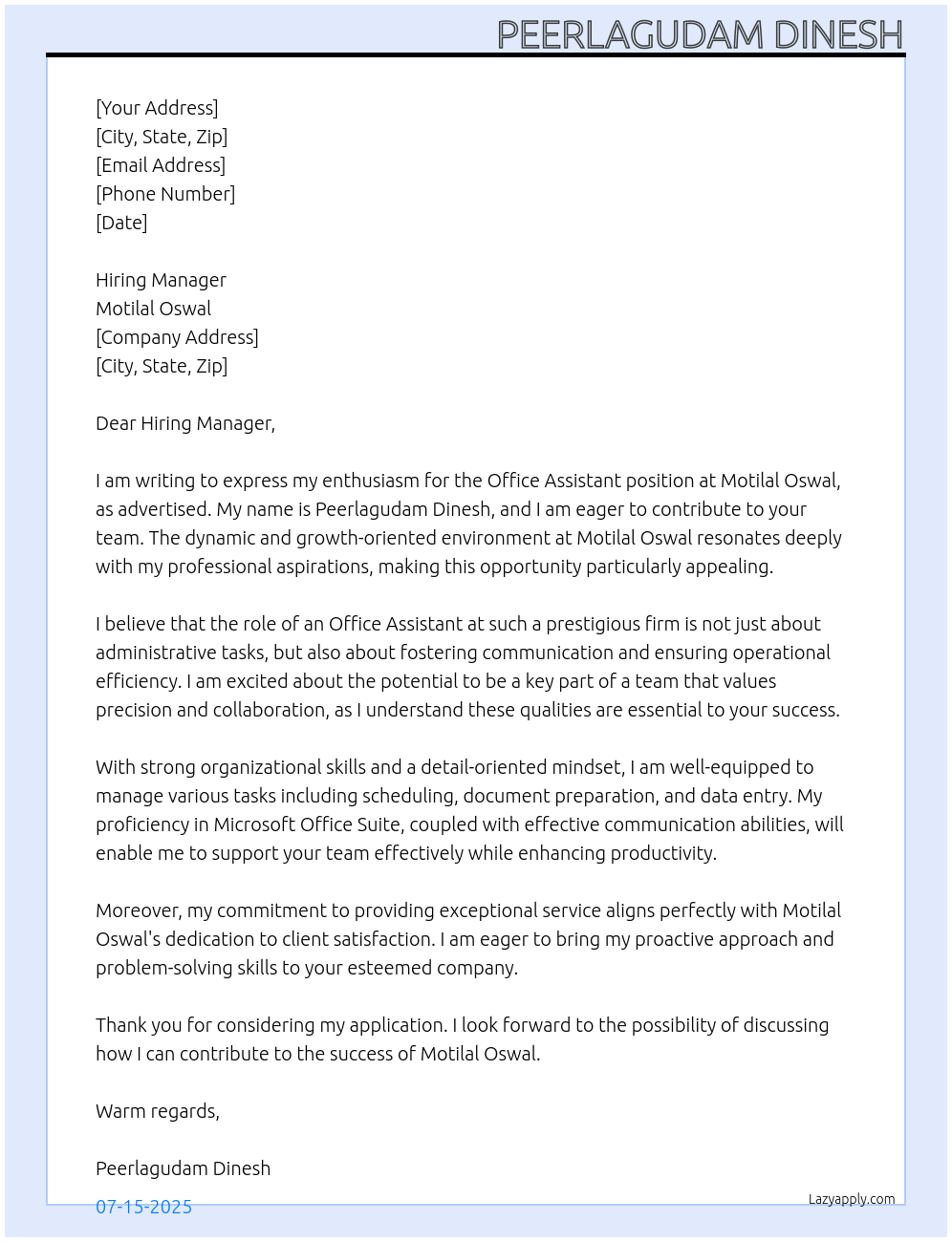 office assistant At motilaloswal  Cover Letter