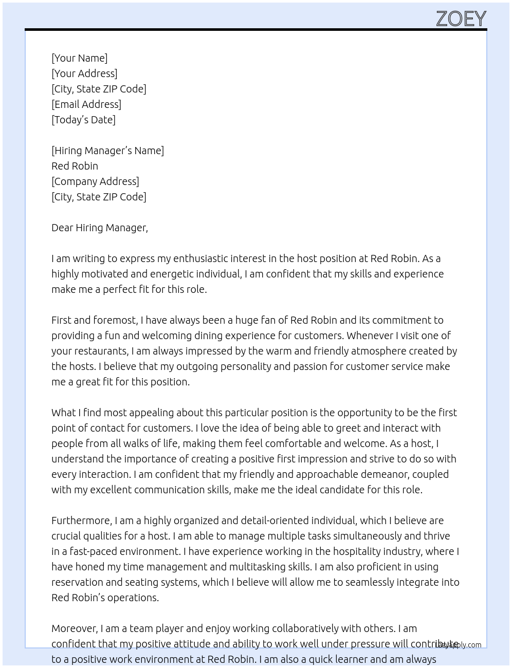 host At Red Robbin Cover Letter