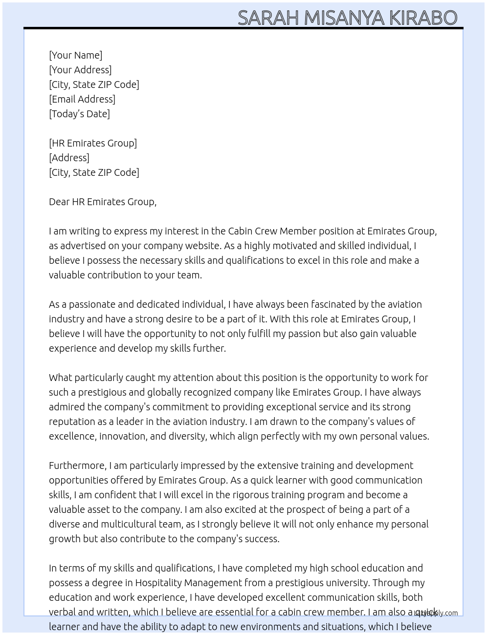 Cabin crew member At Emirates group  Cover Letter