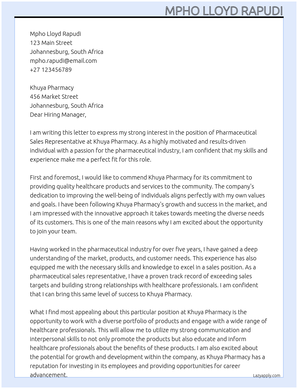 Pharmaceutical sales representative At Khuya Pharmacy Cover Letter