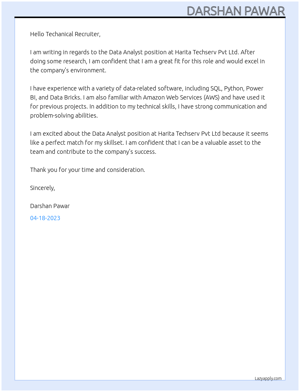 Data Analyst fresher At Harita Techserv Pvt Ltd Cover Letter