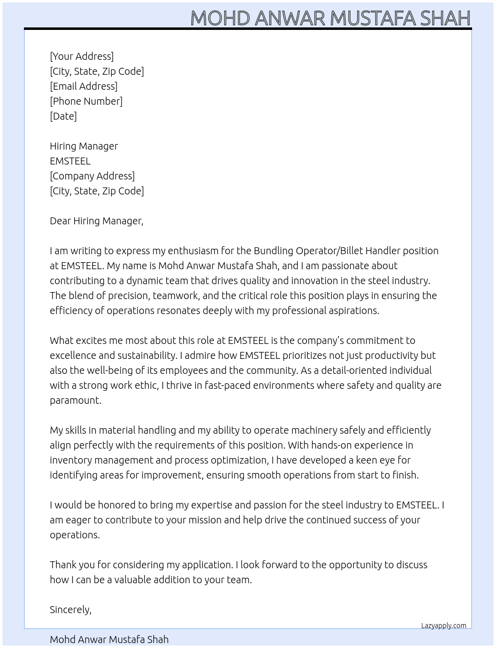 Bundling Operater Or Billet Handler At EMSTEEL Cover Letter