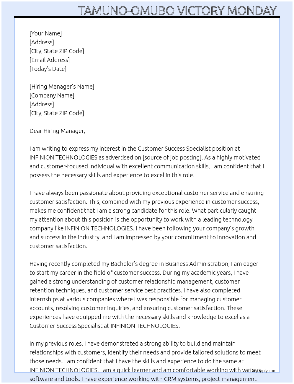 Customer Success Specialist At INFINION TECHNOLOGIES Cover Letter
