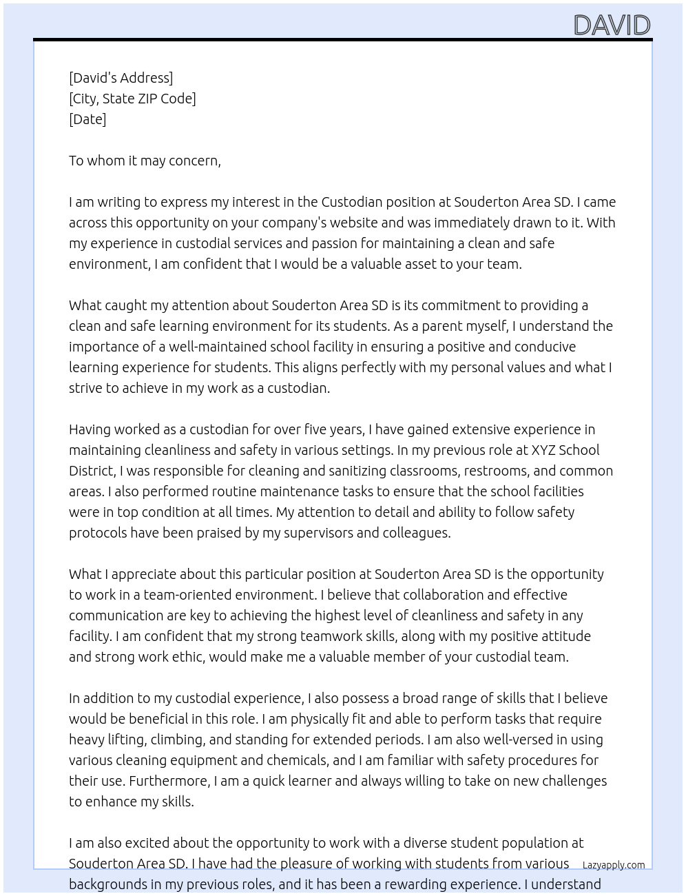 Custodian At Souderton Area SD Cover Letter