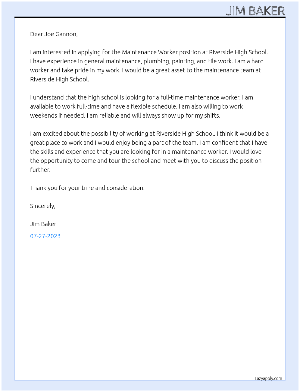 Maintenance Worker At Riverside Hight School Cover Letter