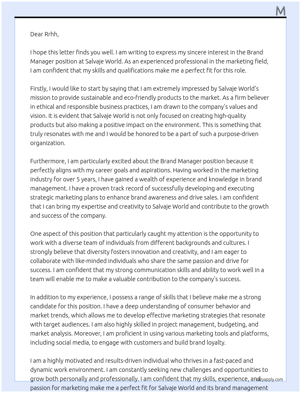 Brand Manager At Salvaje World Cover Letter