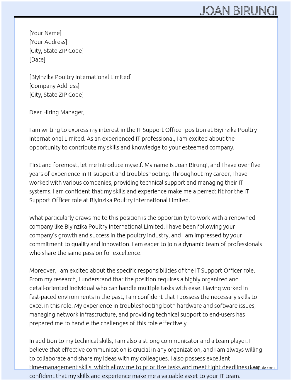 IT SUPPORT OFFICER At BIRUNGI JOAN Cover Letter