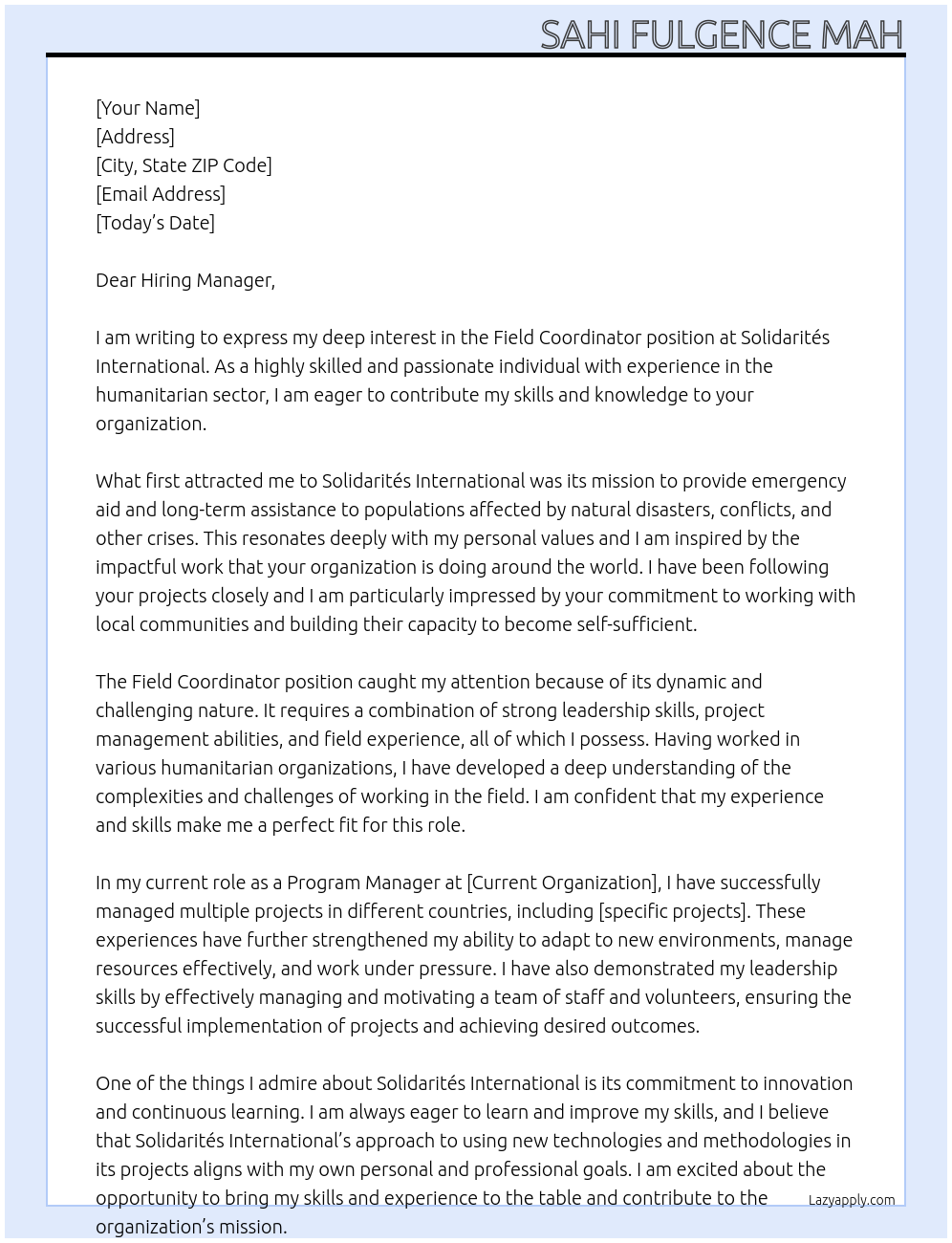 Field Coordinator At Solidarités International Cover Letter