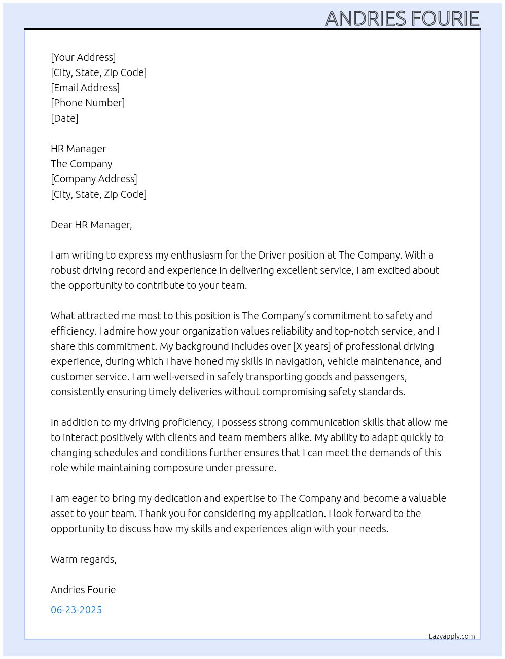 Driver At The company Cover Letter