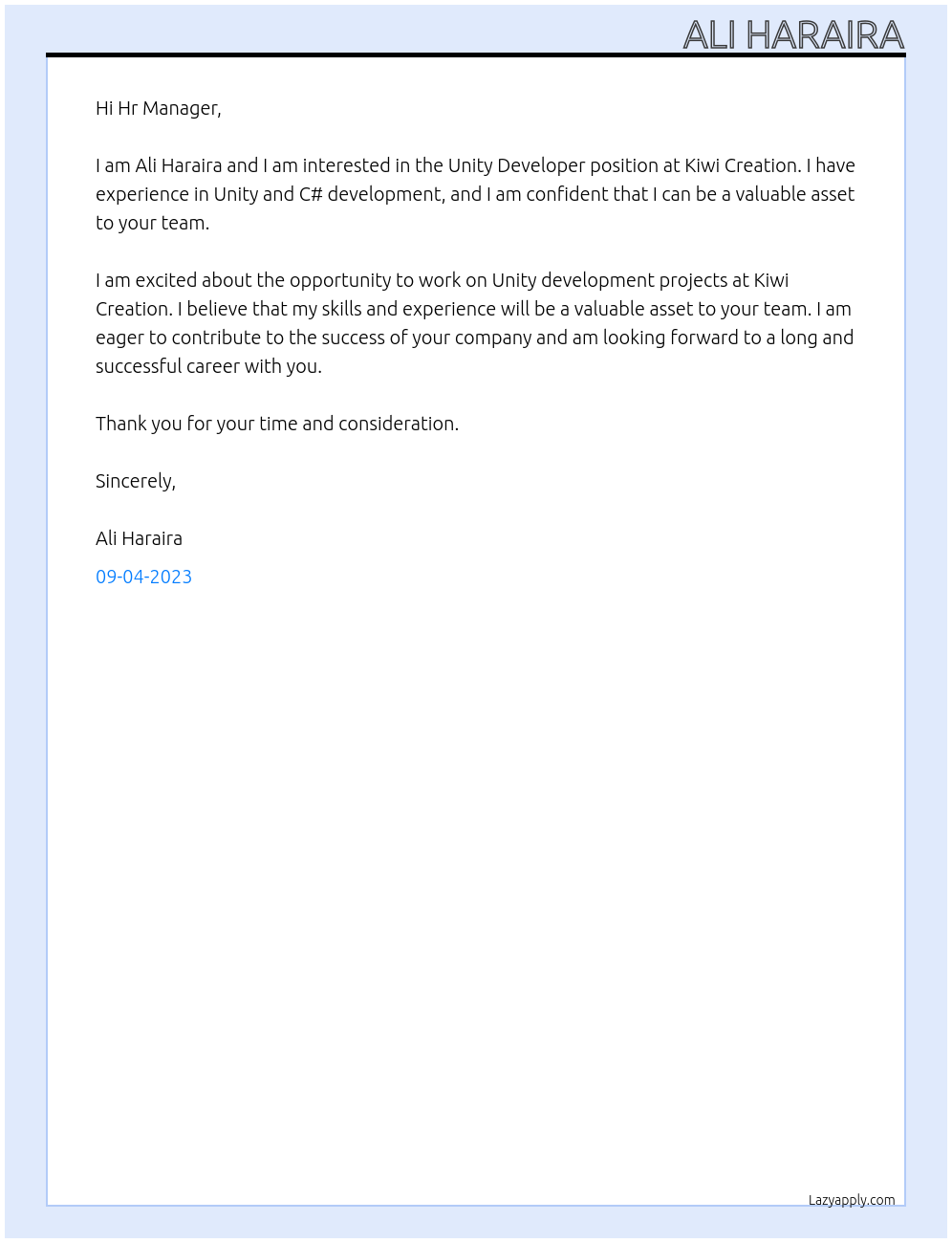 Unity Developer At Kiwi Creation Cover Letter