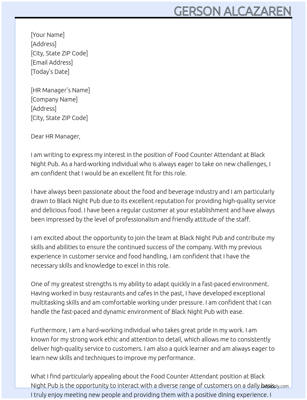 Food counter attendant At Black Night Pub Cover Letter