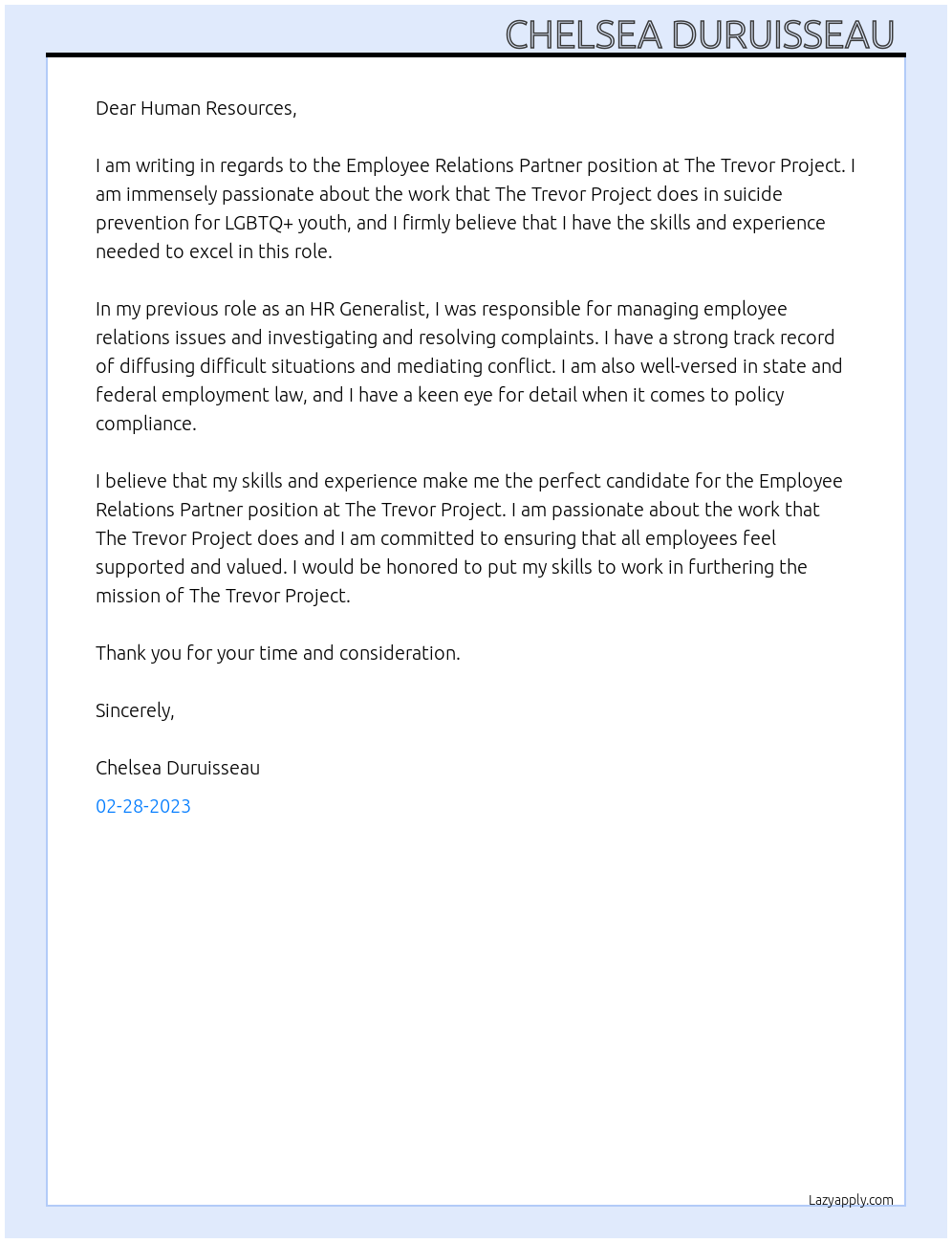 Employee Relations Partner At The Trevor Project Cover Letter