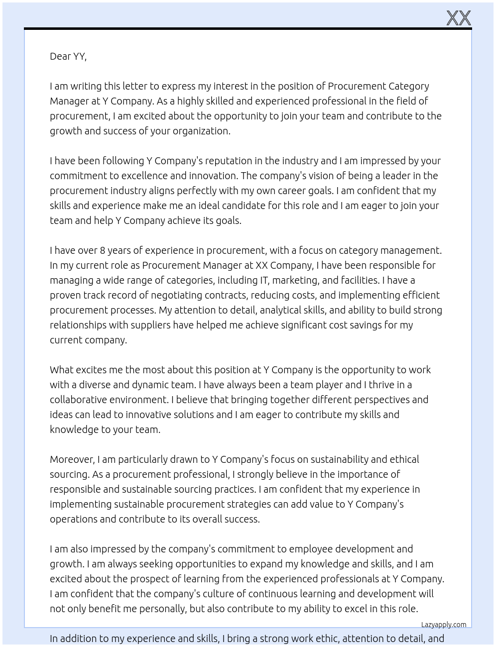 Procurement Category Manager At y Cover Letter