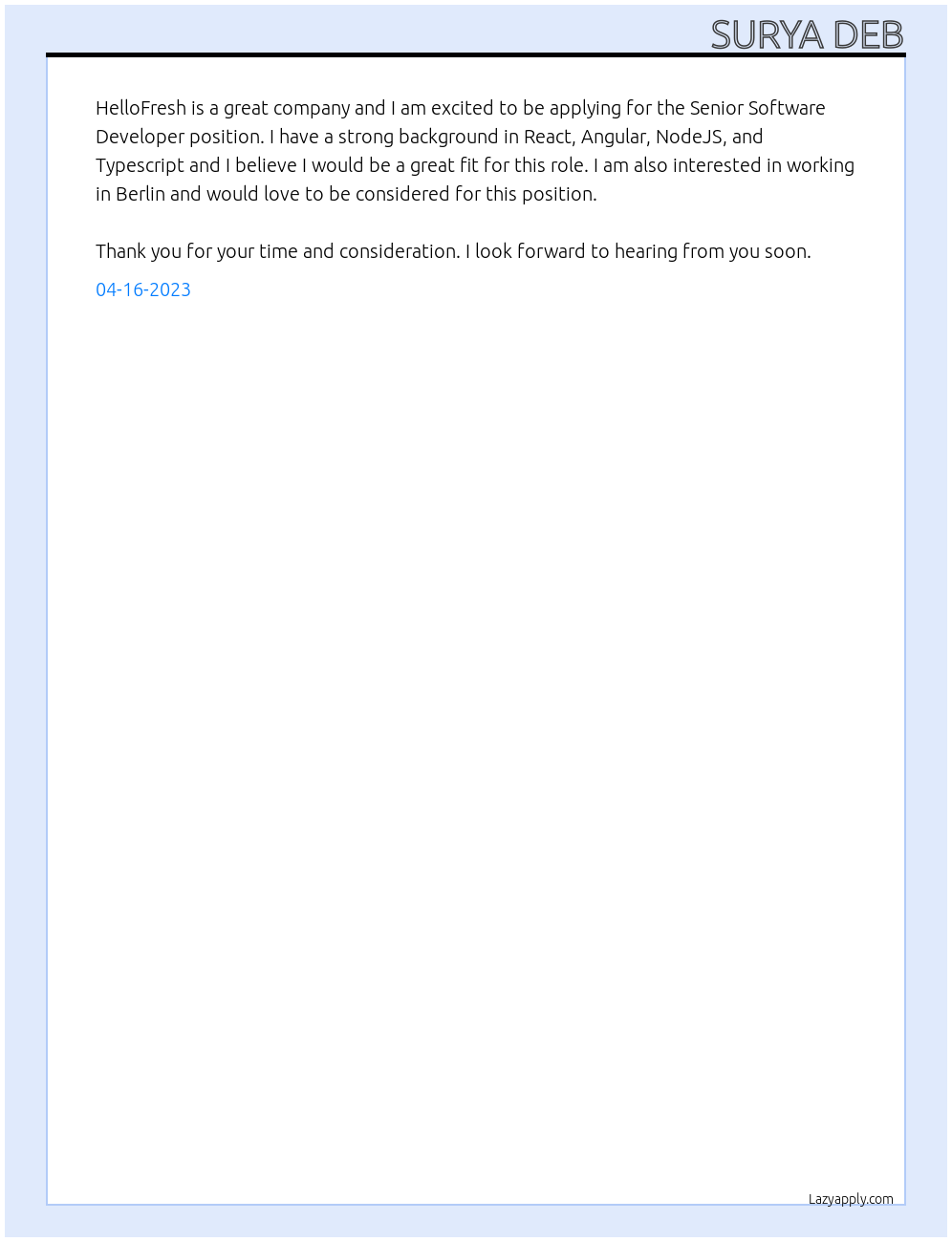 Senior Software Developer At HelloFresh Cover Letter