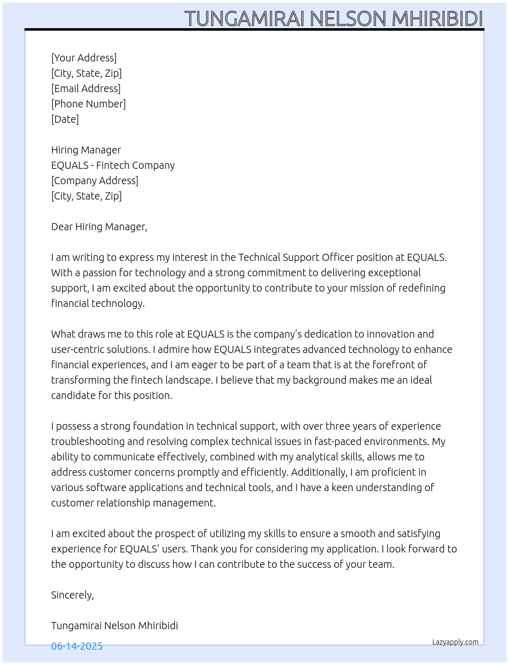 Cover letter for technical support officer - LazyApply