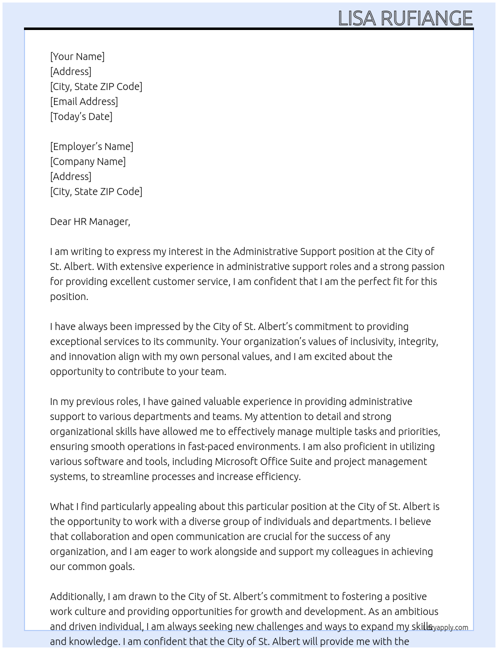 Administrative support At City of St. Albert Cover Letter