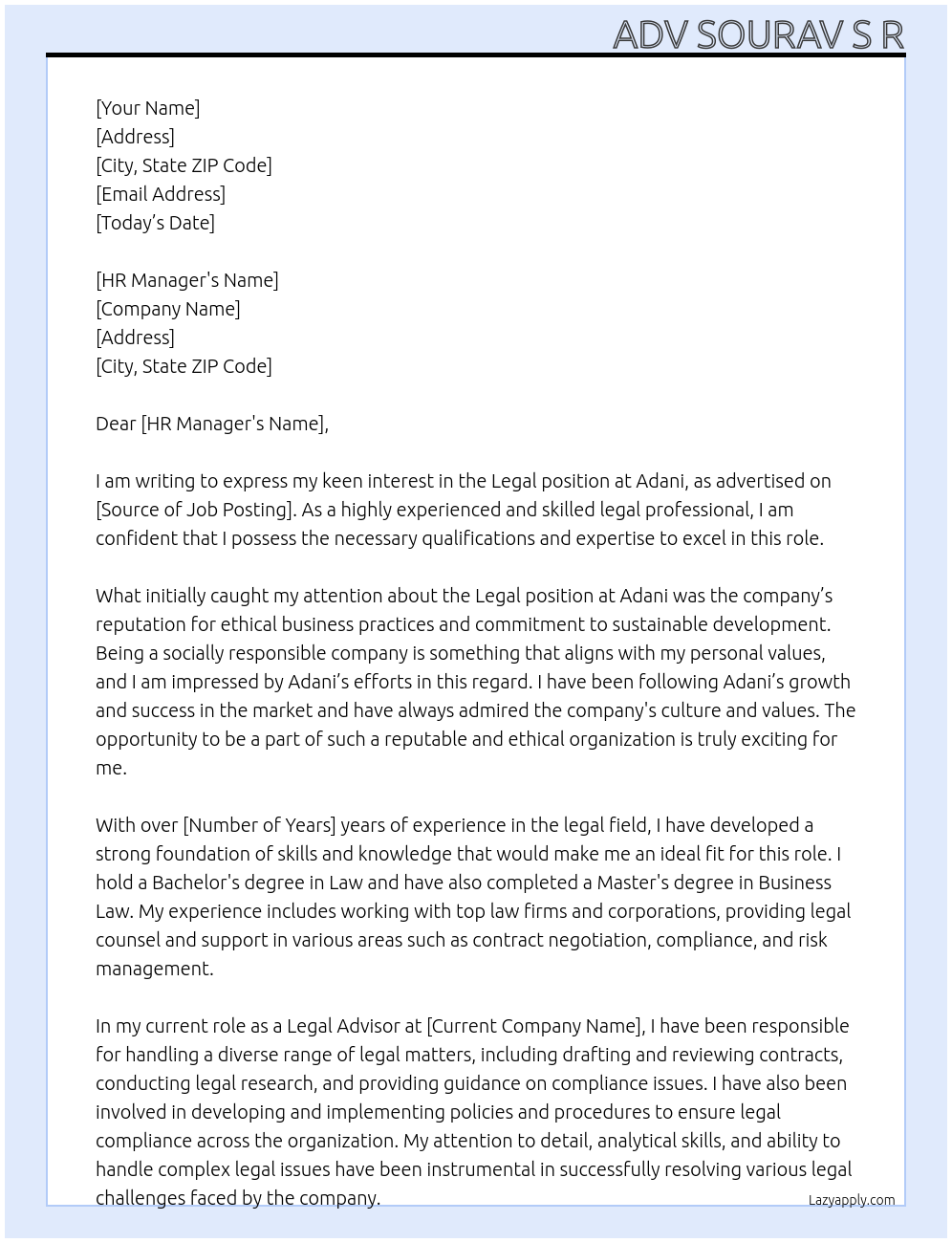 Legal At Adani Cover Letter