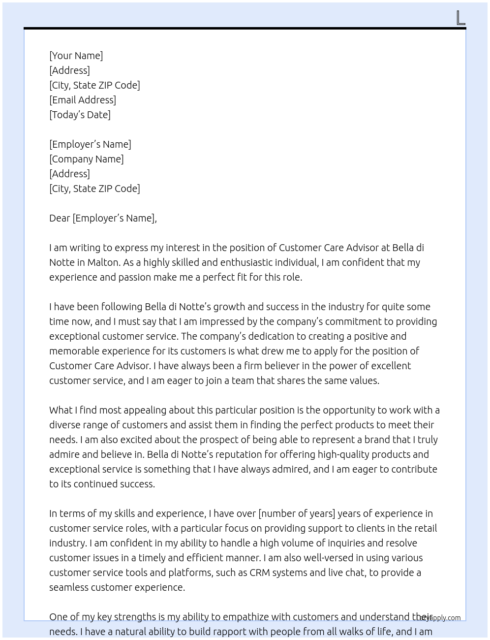 Customer Care Advisor At Bella di Notte Cover Letter