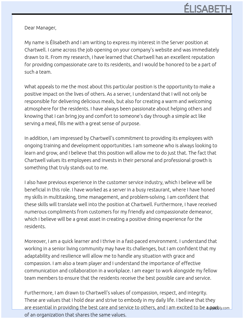 Server At Chartwell Cover Letter