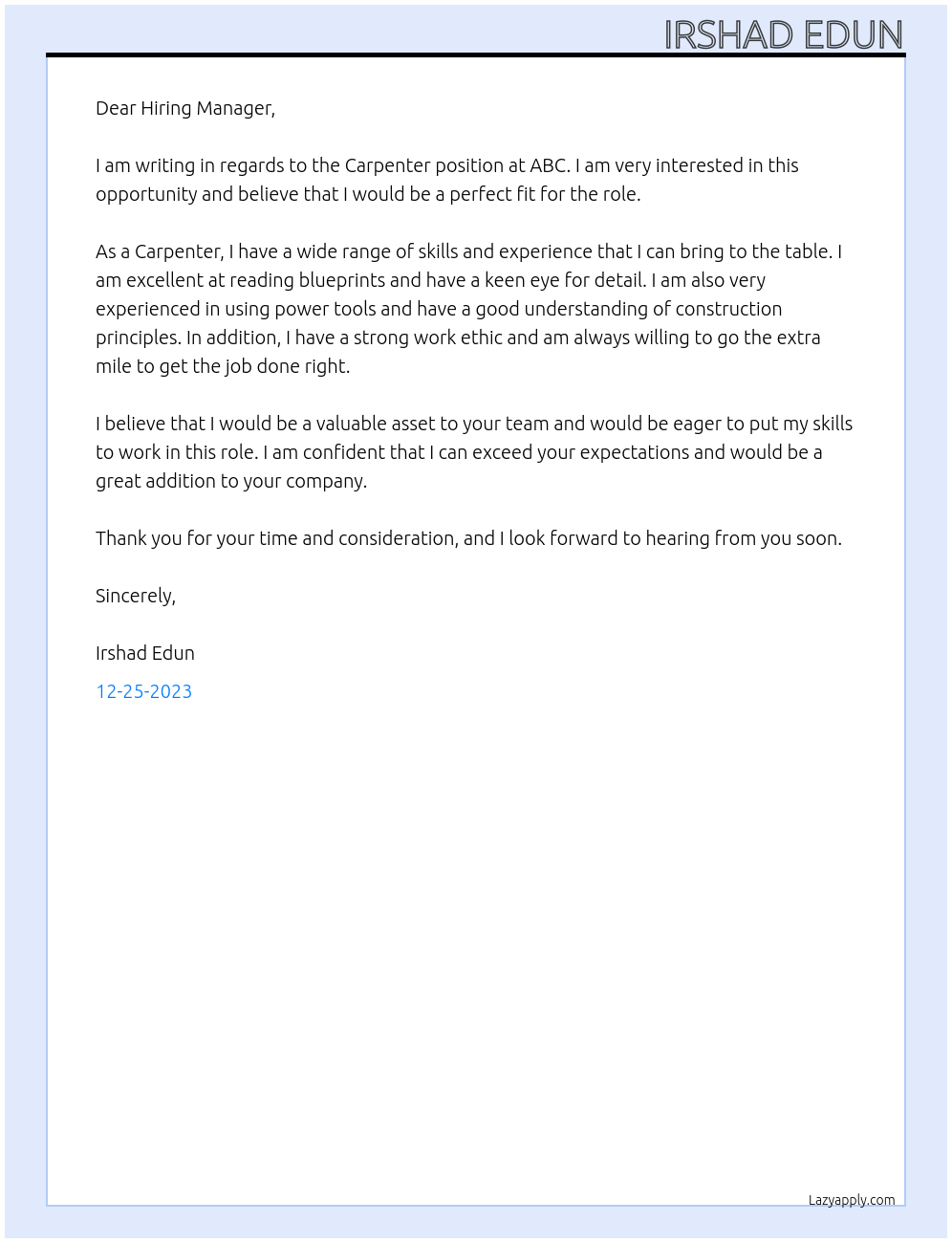 Carpenter At ABC Cover Letter