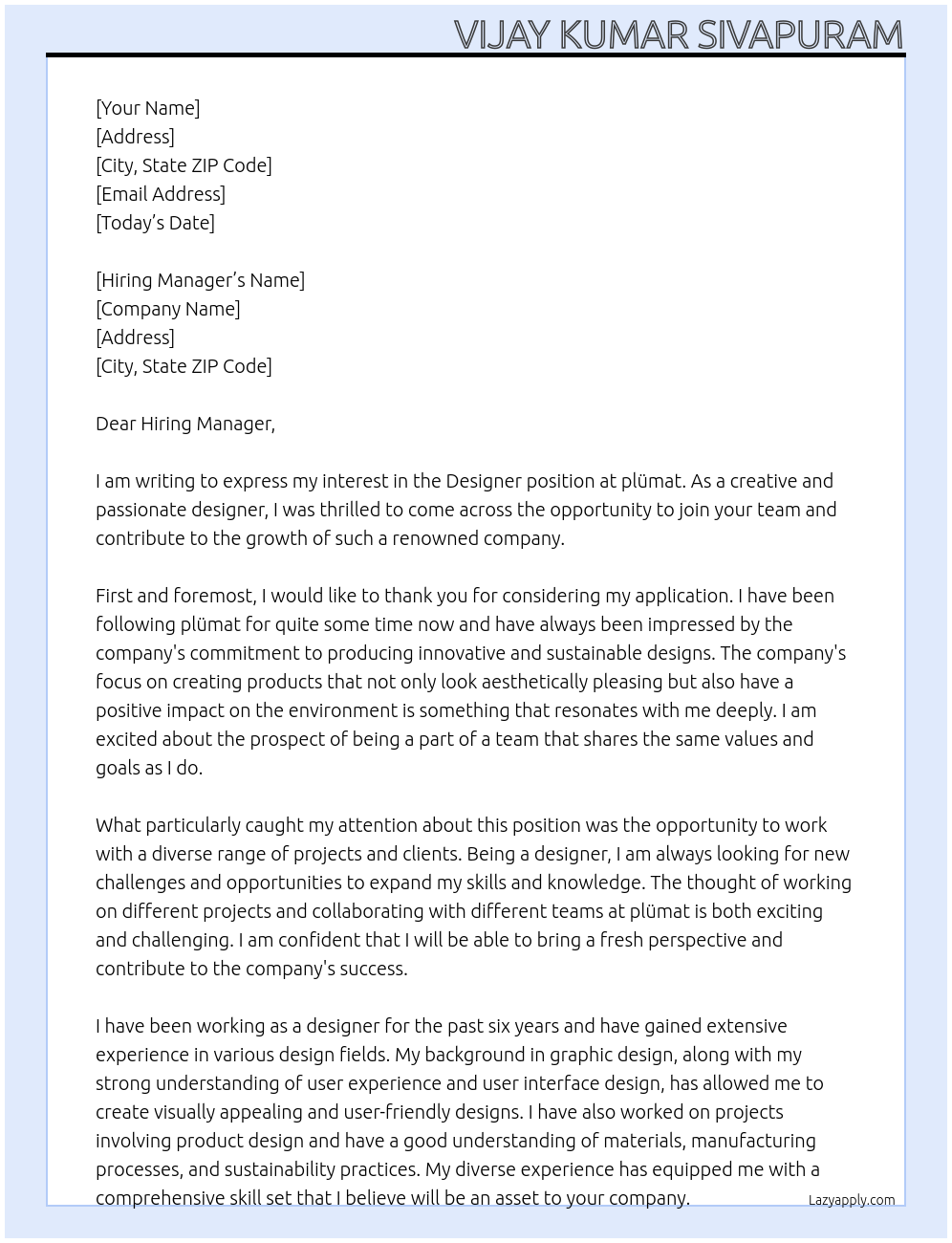 Designer At plümat Cover Letter