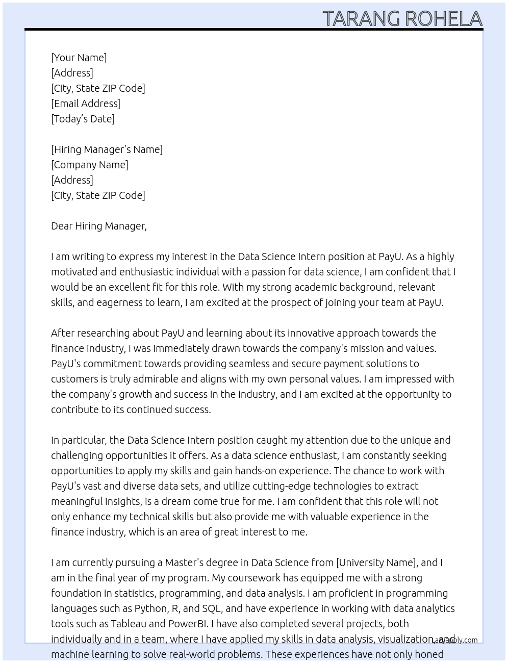 Data Science intern At PayU Cover Letter