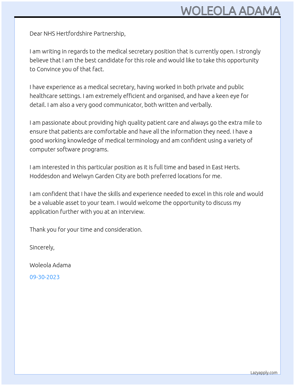 Medical secretary  At NHS Hertfordshire Partnership  Cover Letter