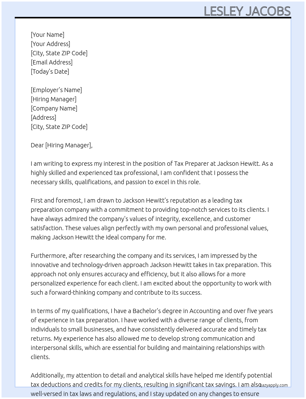 tax preparer At jackson hewitt Cover Letter