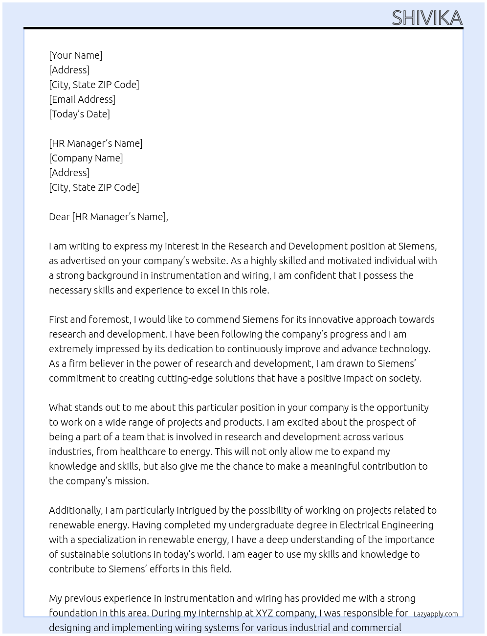 research and development At Siemens Cover Letter