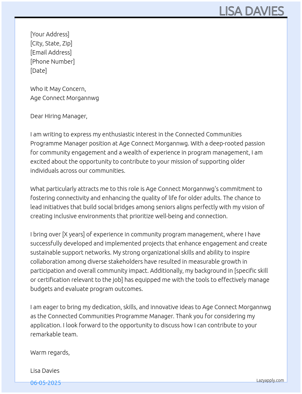 Cover letter for connected communities programme manager - LazyApply