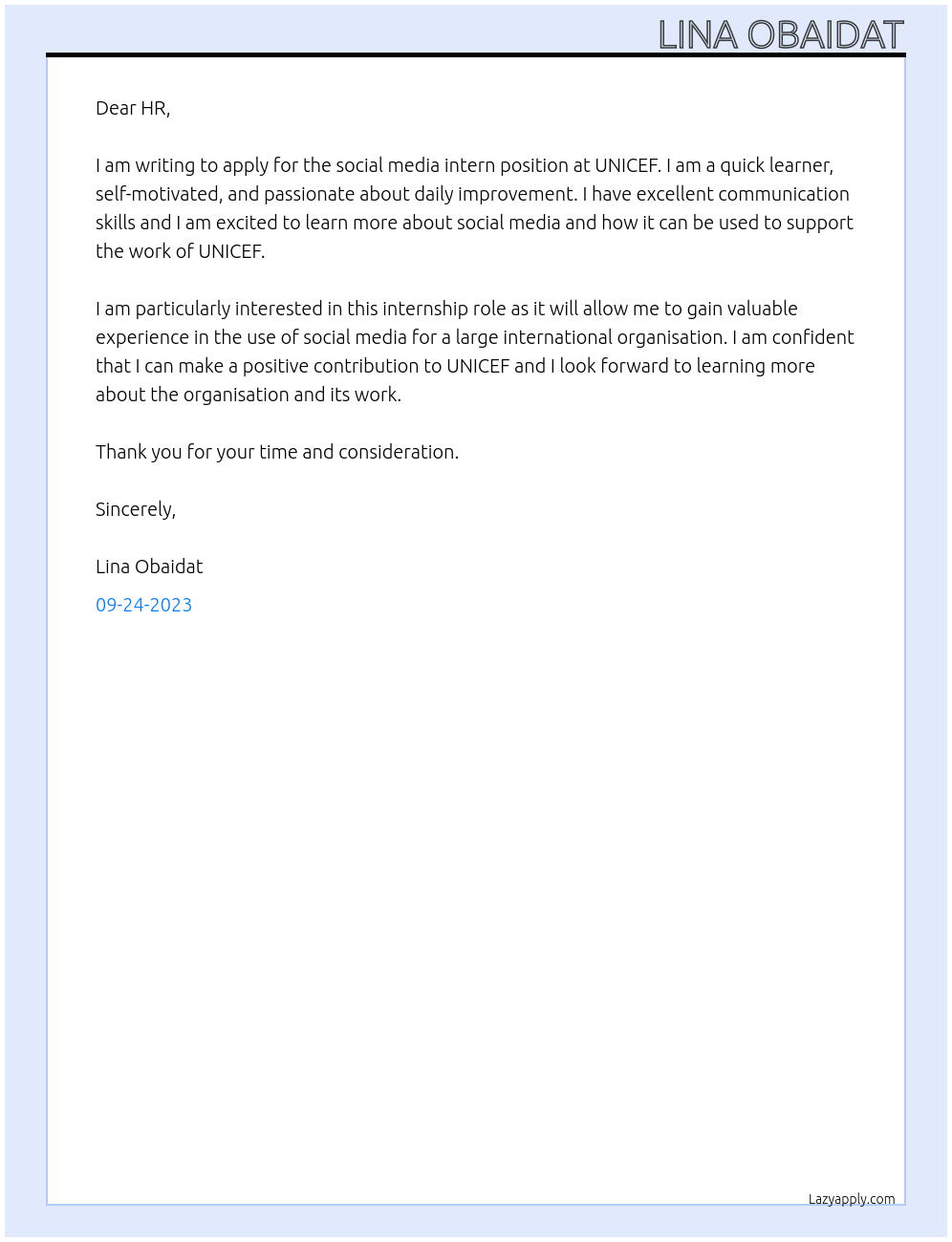 social media intern At unicef Cover Letter